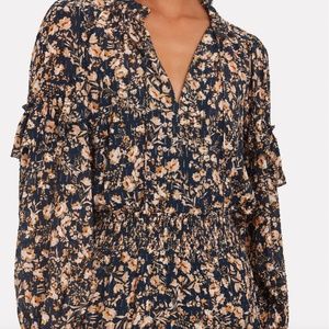 Navy Floral Smocked-Waist Blouse